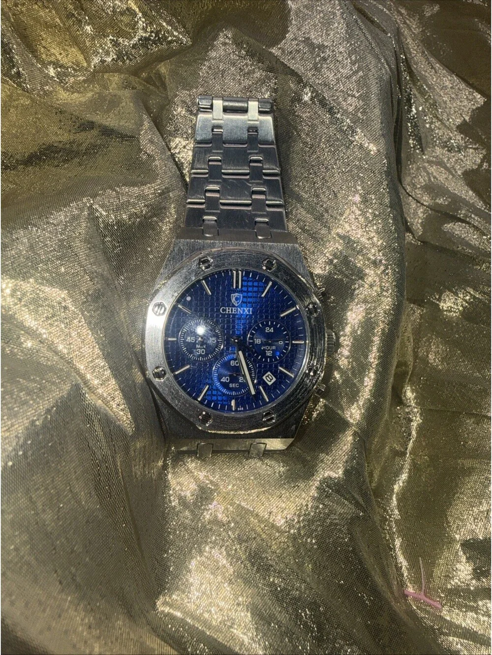 Chenxi CX 948 Quartz Chronograph Watch Mens Blue Waffle Dial Royal Oak Homage